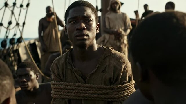  African man bound with rope in historical slavery scene, captured moment from period film depicting transatlantic slave trade, representation of historical oppression and human resilience