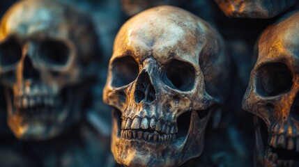 A group of human skulls sit side by side, often used as a symbol in various contexts