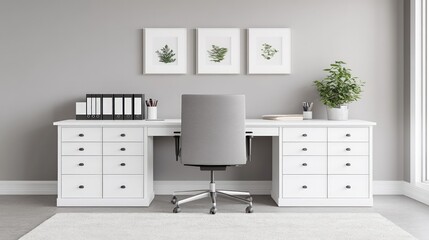 Stylish white desk complemented by a grey chair and soft white rug