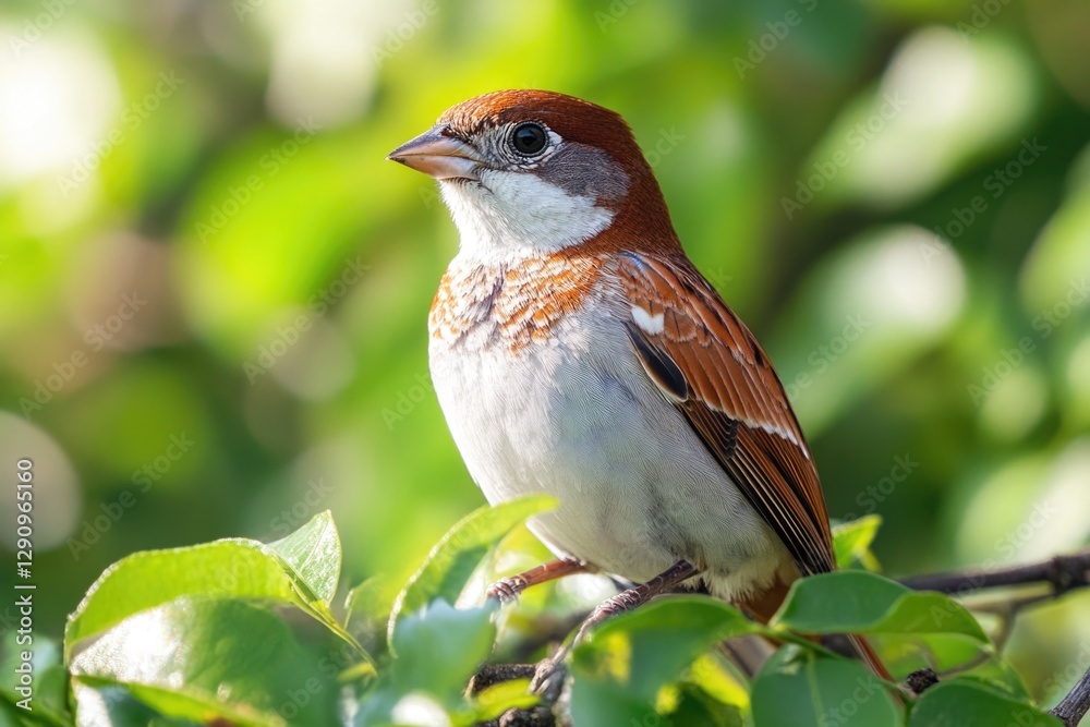 Poster a brown and white bird sits peacefully on the end of a tree branch, looking out at the surrounding e