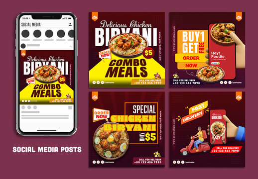 Food Social Media Editable Post Set with Discount Offers on Combo Meals, Fast Delivery, Order Food Online, Fast Food Offers with Biryani Images. 