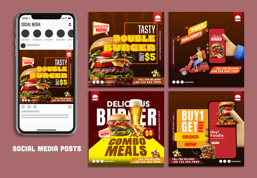 Food Social Media Editable Post Set with Discount Offers on Combo Meals, Fast Delivery, Order Food Online, Fast Food Offers with Burger Images. 