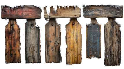 Weathered wooden signs: Rustic wooden signs stand in a row, each bearing the marks of time and weather, showcasing natural aging process, ready for text 