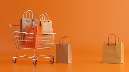 Shopping cart filled with paper bags on an orange background.