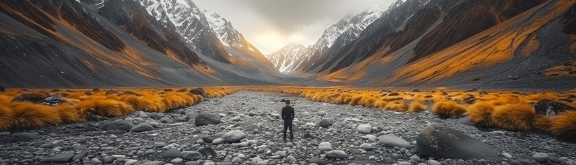 Fototapeta premium A lone figure walks through a stunning valley, surrounded by majestic mountains and vibrant autumn foliage under a dramatic sky.
