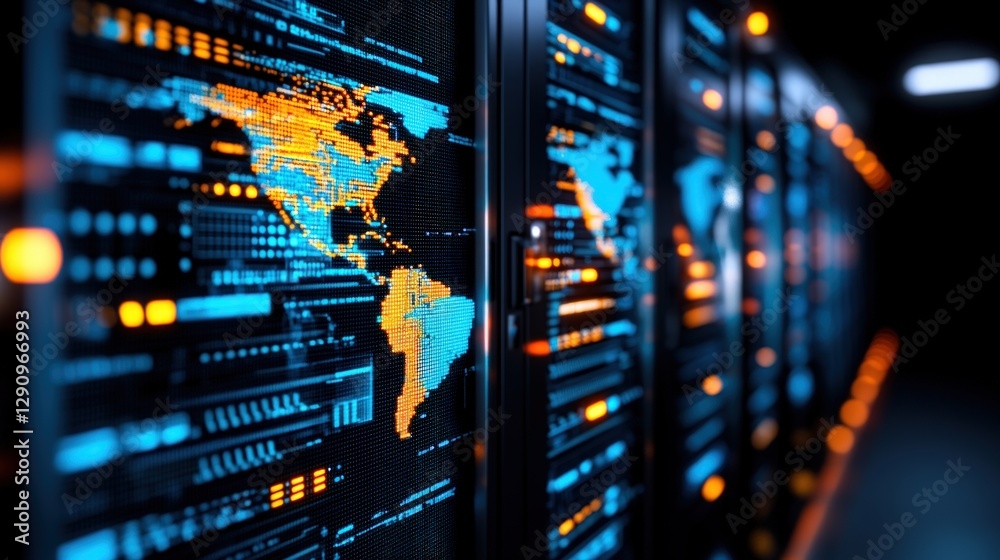 Poster Detailed world map displayed on a modern computer screen with digital effects