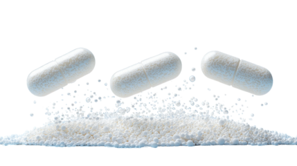 Pills in the Spotlight: A precise studio shot presents three capsule-shaped pills hovering above a textured, granular substance, showcasing health and science.