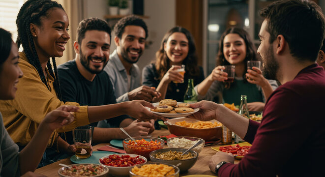 Relaxed atmosphere of friends sharing snacks at a potluck gathering