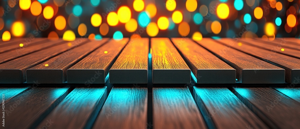Aufkleber Rustic wooden table surrounded by beautiful blur of lights creating a cozy scene