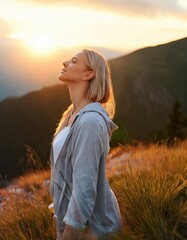 Obraz premium woman relax and breathing fresh air outdoor at sunset