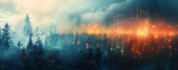 Fototapeta premium Abstract Nature Meets Technology in Digital Landscape, Generative AI