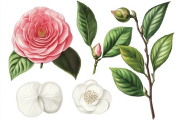 Detailed illustration of camellia plant parts including flowers, buds, and leaves in various stages of development
