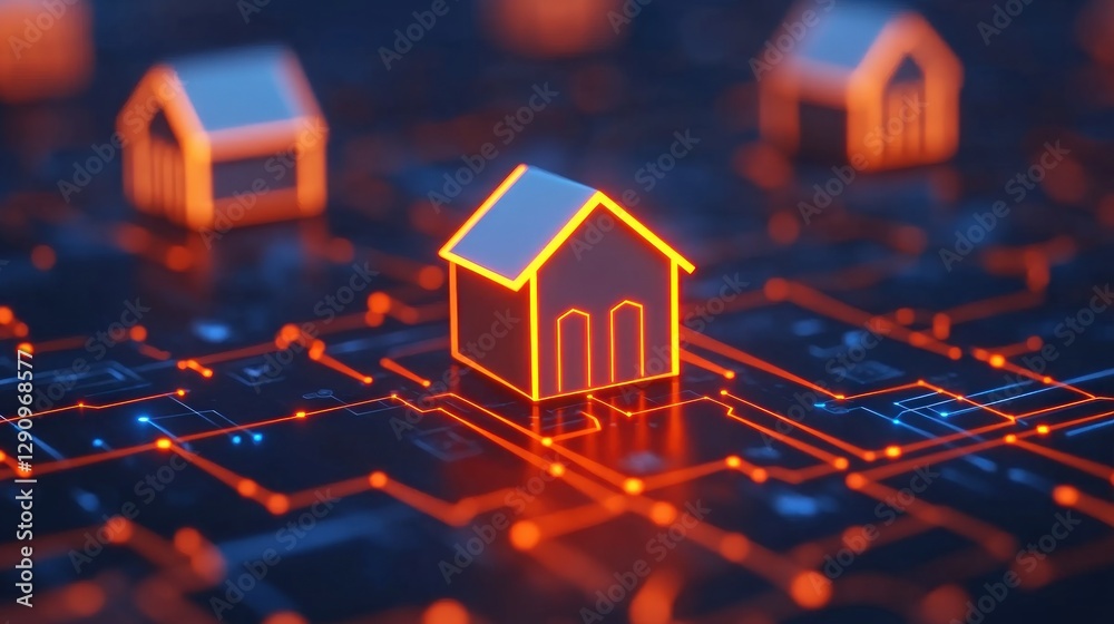 Poster futuristic house icon on digital network background with bright connections