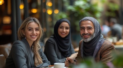 Diverse group smiles at cafe,  indoor cafe setting, relaxed business meeting