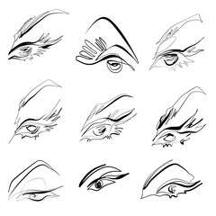 Set of nine black and white minimalist abstract lineart  vector illustrations of female eyes with long lashes