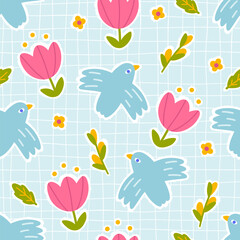 Blooming seamless pattern on the grill with a dove of peace in flight with different flowers. Hand drawn in a childish naive doodle style. Folk modern Scandinavian motif. Colorful trendy background.