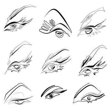 Set of nine black and white minimalist abstract lineart  vector illustrations of female eyes with long lashes