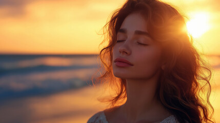 Fototapeta premium Serene Young Woman Meditating on the Beach at Sunset for Wellness Retreats, Mental Health Awareness, and Relaxation Concepts