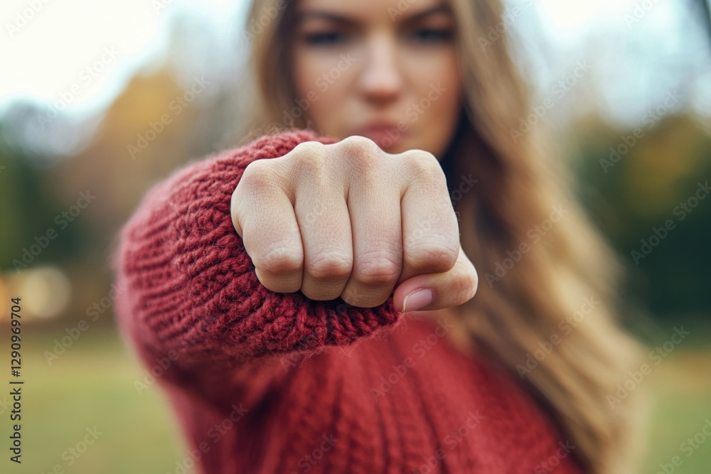 Poster a woman in a red sweater gestures towards the viewer
