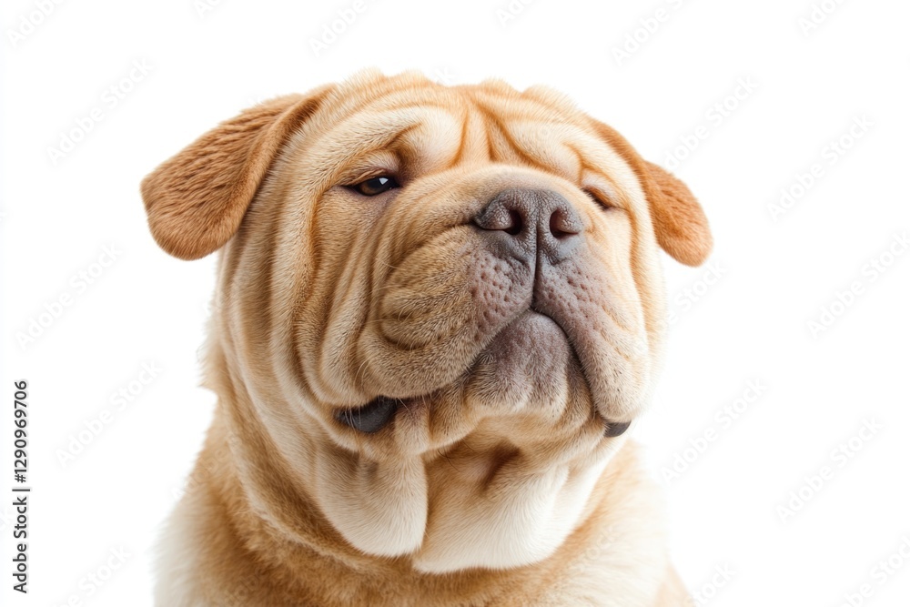 Poster a close-up shot of a dog's face on a white background, suitable for use in pet-related content