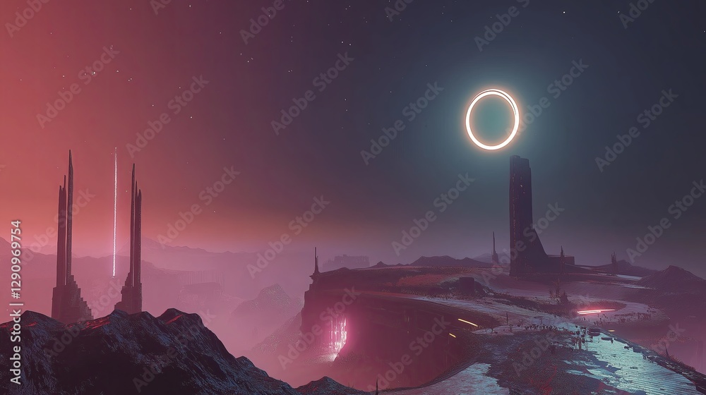 Poster a planetary eclipse casting an ethereal glow on a futuristic city.