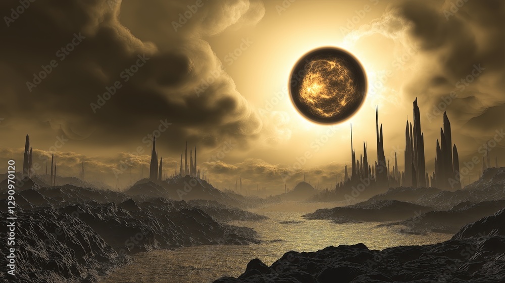 Poster a planetary eclipse casting an ethereal glow on a futuristic city.