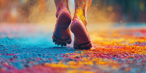 An artistic close-up of feet walking through a colorful ground, smeared with Holi powders, capturing the essence of the festiva. Banner. Copy space