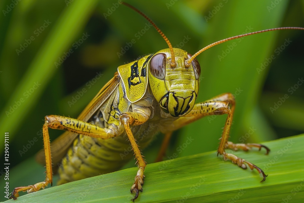 Poster close-up shot of a grasshopper perched on a leaf, macro photography