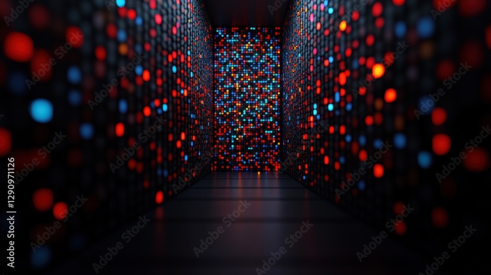 Poster Long hallway illuminated by many colorful lights creating a captivating atmosphere