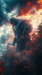 Fierce warrior amidst fire and storm, fantasy art.