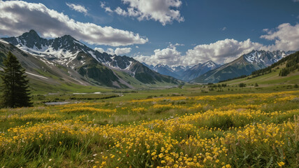 Obraz premium Vibrant Mountain Valley Blanketed in Flowers.
