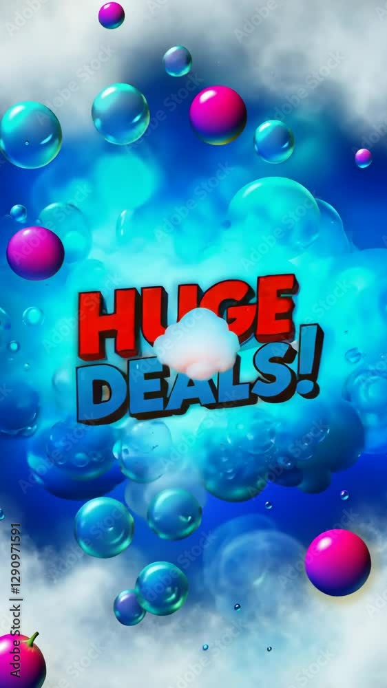 Poster a large deal sign with a bunch of colorful spheres. the spheres are in different sizes and colors