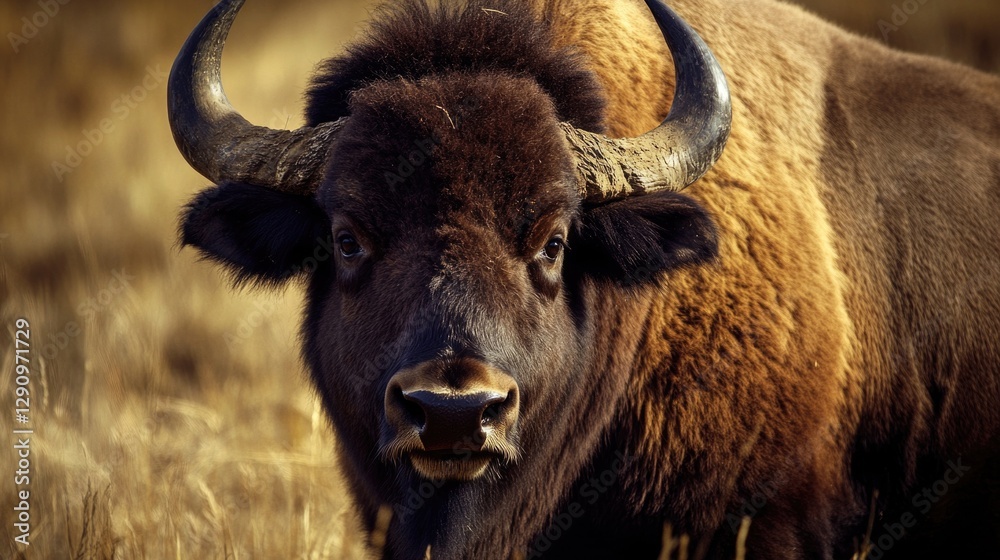 Poster close-up shot of a bison's head, featuring large and impressive horns