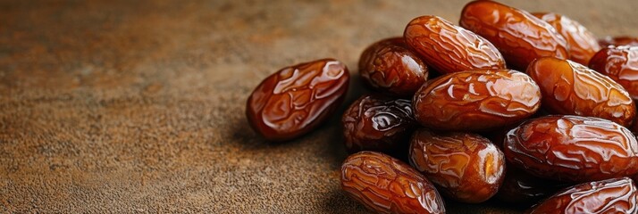 Obraz premium A pile of fresh dates with glossy caramel skin on a rich brown background