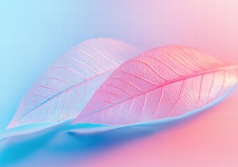 transparent skeleton leaves on a blue and pink background. Delicate texture of leaf veins on a colorful background.