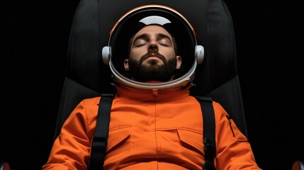 Obraz premium Man in Orange Space Suit Relaxing in Astronaut Chair with Helmet On