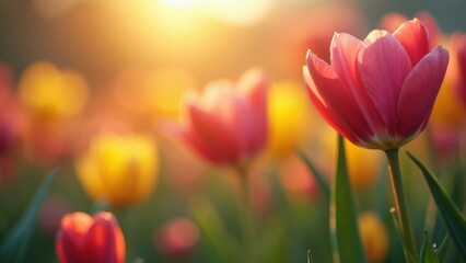 Field of flowers with a pink flower in the foreground