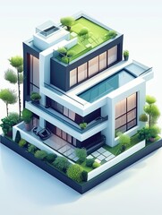 Isometric Modern Residential Architectural Design of a Contemporary House