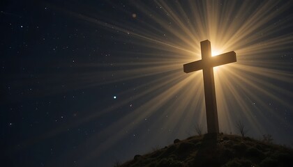 Christian Cross Silhouette with Shining Light Rays Under a Starry Night