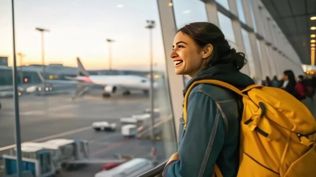 a young multinational woman with a bright backpack on her shoulder stands confidently in a busy airport, she is looking forward to her next adventure, traveling by plane