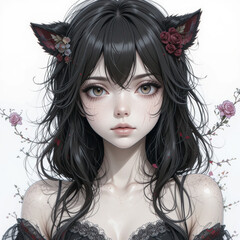 Anime girl gazes serenely with wolf ears and flowers, expressing quiet elegance and touch of whimsical charm in digital painting