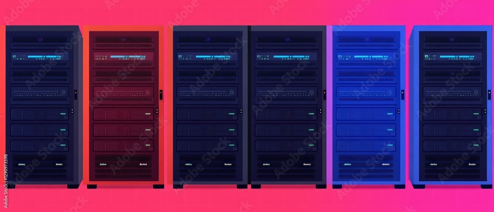 Poster Futuristic Server Racks with Colorful Lighting Background in Modern Data Center