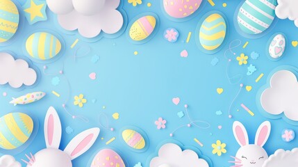 Easter eggs, rabbits, and clouds in pastel colors on blue background. Flat design, paper cut style. Perfect for ads, social media, web design, or greeting cards.