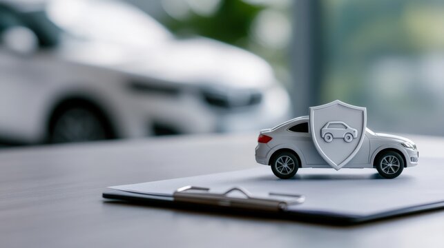 Car insurance concept with toy car and shield.