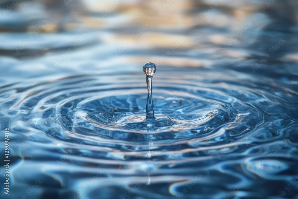 Poster water drop creating concentric ripples on blue surface