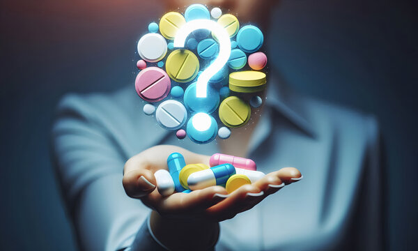 Viele bunte Tabletten in einer Frauenhand mit einem Fragezeichen, Gesundheits-Konzept