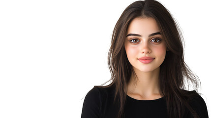 Fototapeta premium Stylish woman with long brown hair posing in a classic black shirt