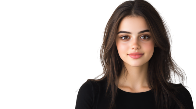 Stylish woman with long brown hair posing in a classic black shirt