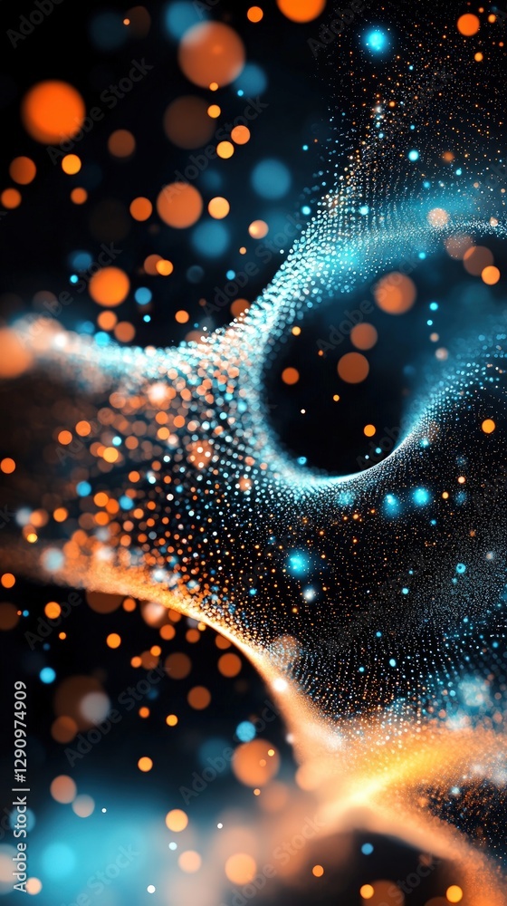 Poster abstract background with blue and orange particles and wavy shapes