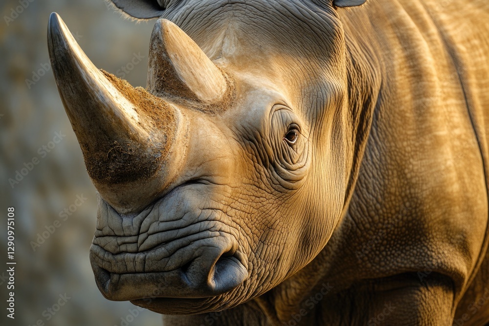 Poster a close-up shot of a rhino in its natural habitat, suitable for use in educational or informative ma